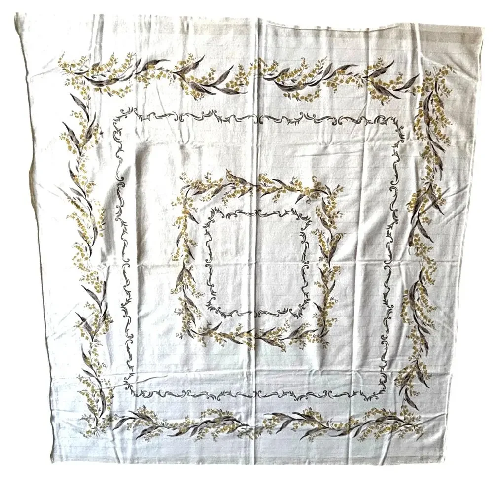 Vintage Tablecloth Cotton blend gray gold floral border print silver metallic